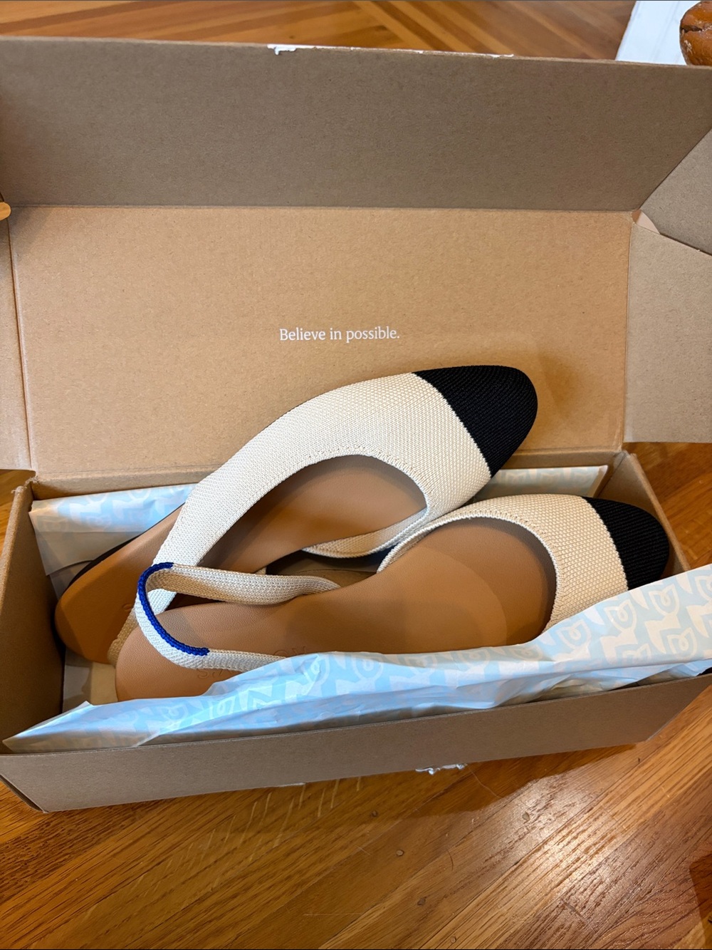 Rothy's Two-Tone Knit Slingback Flats in Cream and Black with Blue Accent